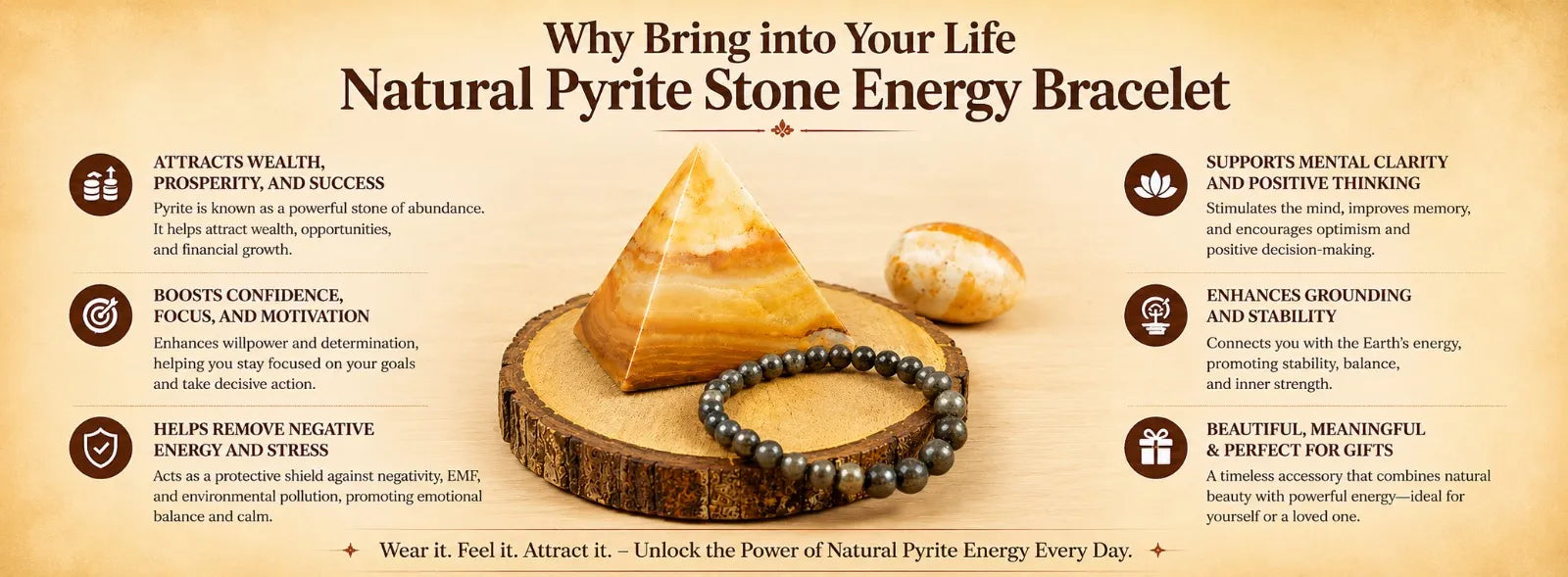 Natural Pyrite Stone Energy Bracelet — detail banner 1