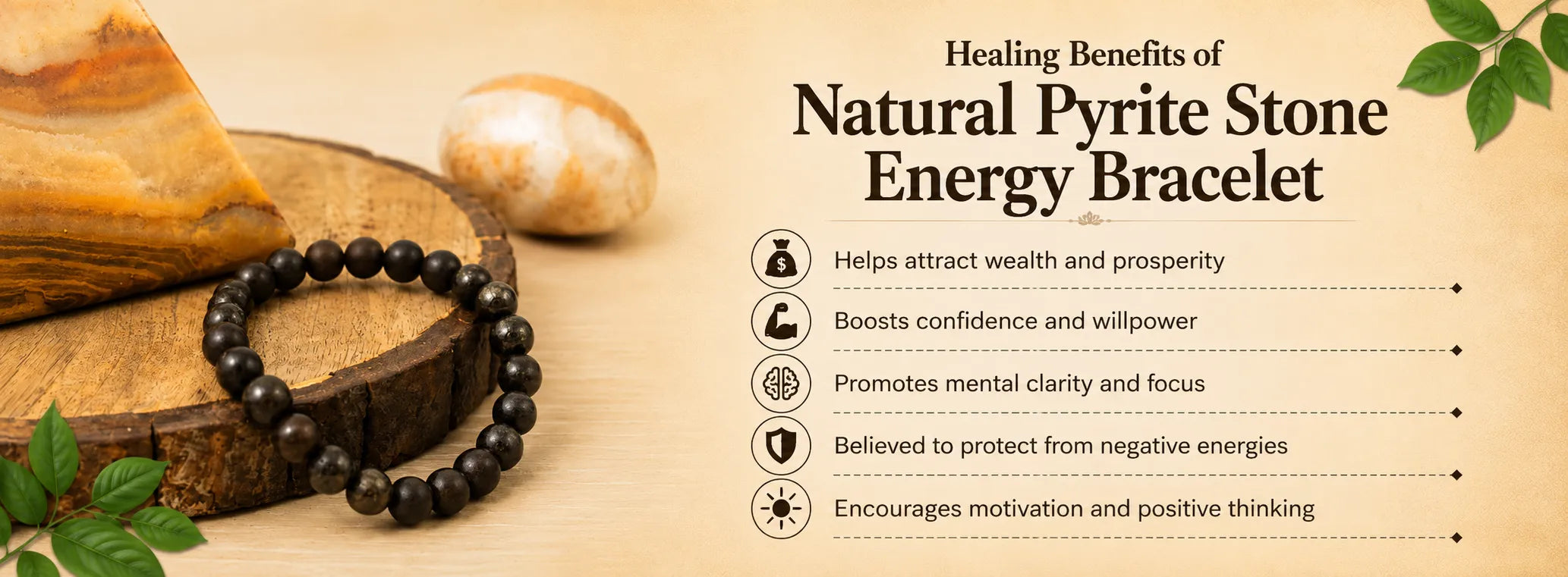 Natural Pyrite Stone Energy Bracelet — detail banner 2